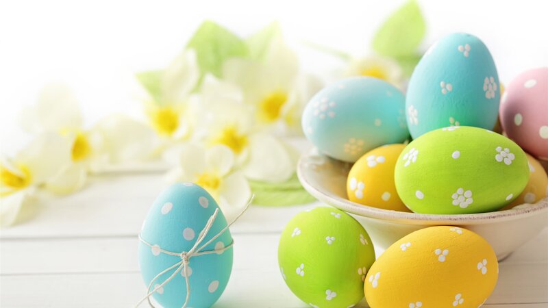 Decorated Easter Eggs — Blue, Festive, Spring, Photograph, Flowers, Bowl, String
