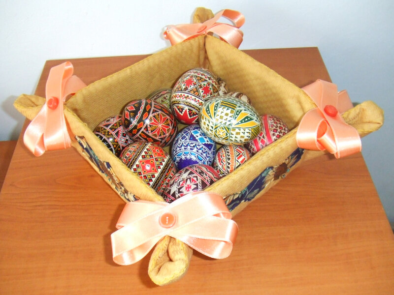 Decorated Easter Eggs — Brown, Festive, Photograph, Basket, Ribbons, Table