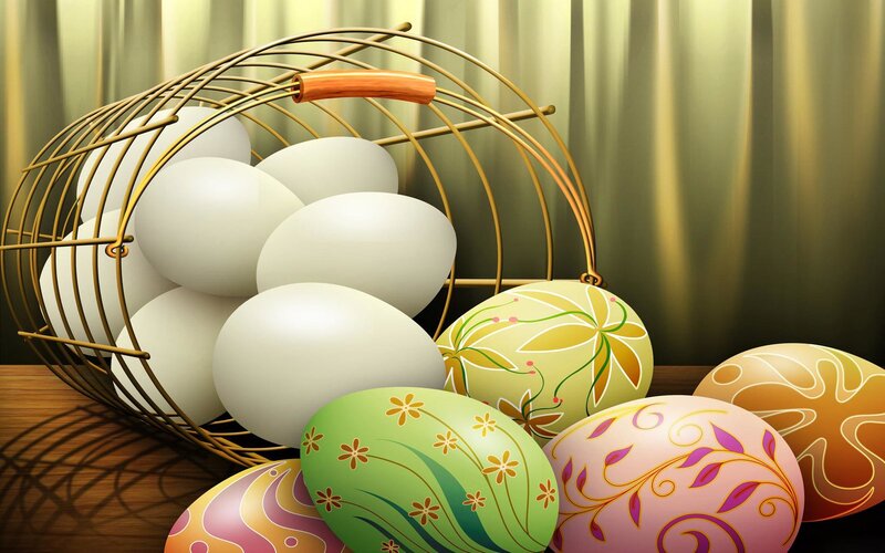 Decorated Easter Eggs — Green, Festive, Digital Art, Basket, Wooden Table, Curtain
