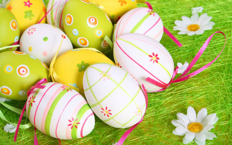 Decorated Easter Eggs — Green, Festive, Spring, Photograph, Daisies, Ribbons, Grass