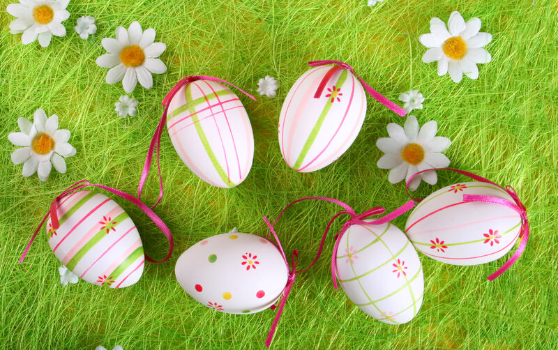 Decorated Easter Eggs — Green, Festive, Spring, Photograph, Daisies, Ribbons