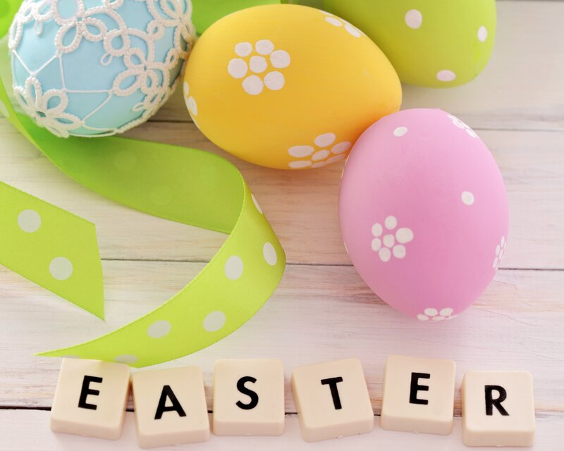 Decorated Easter Eggs — Green, Festive, Spring, Photograph, Ribbons, Scrabble Tiles