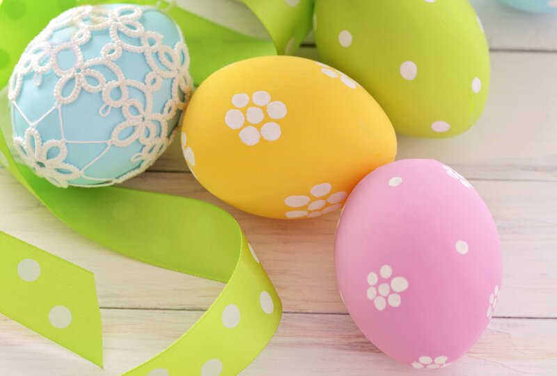 Decorated Easter Eggs — Green, Festive, Spring, Photograph, Ribbons, Wooden Surface