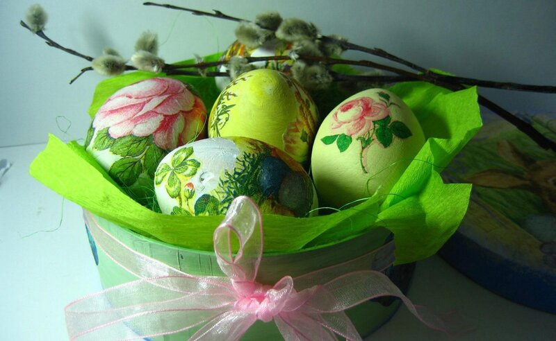 Decorated Easter Eggs — Green, Festive, Spring, Photograph, Willow Branches, Green Tissue Paper, Pink Ribbon