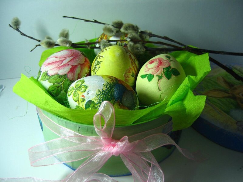 Decorated Easter Eggs — Green, Festive, Spring, Photograph, Willow Branches, Green Tissue Paper