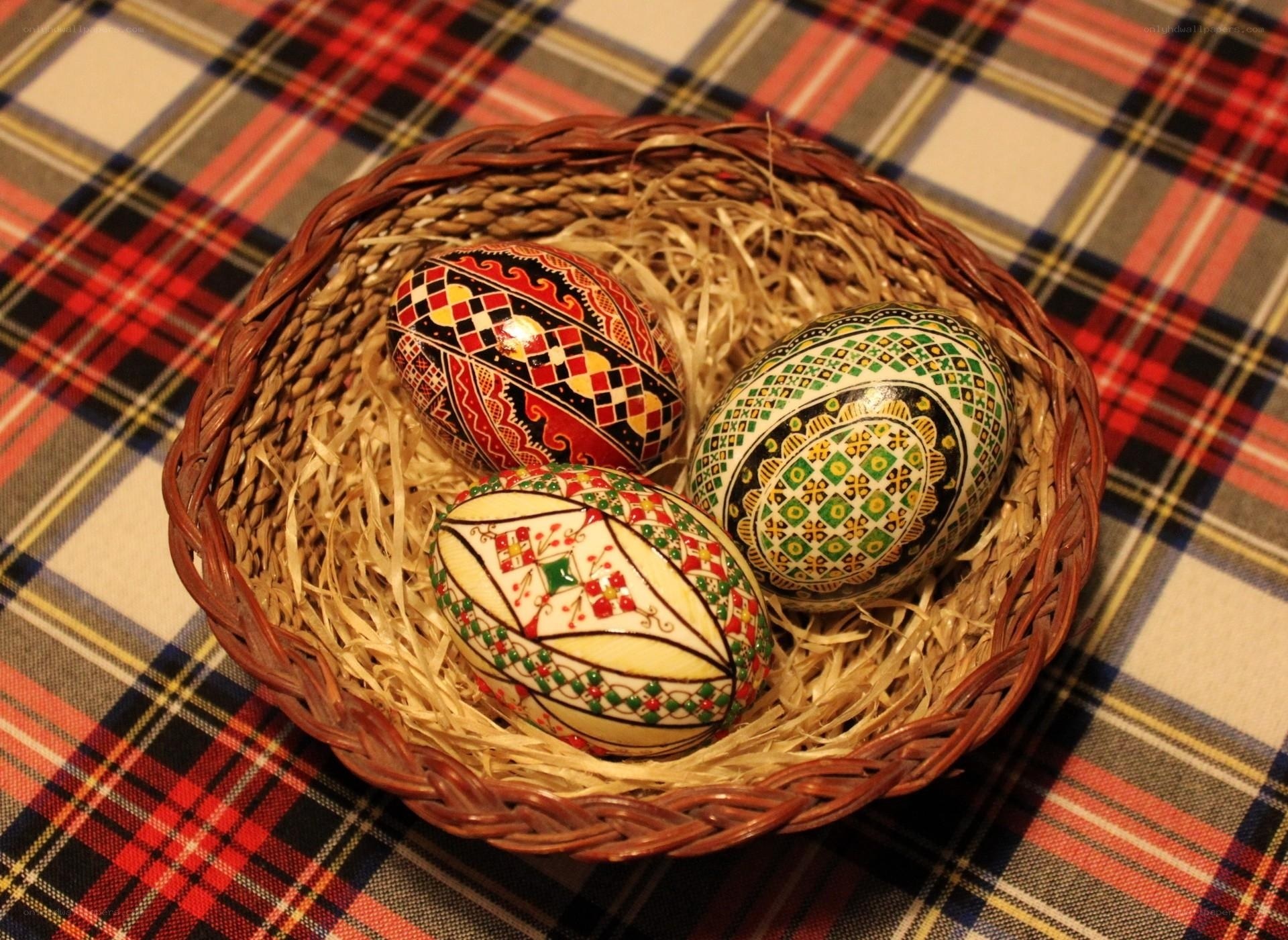 Decorated Easter eggs in basket