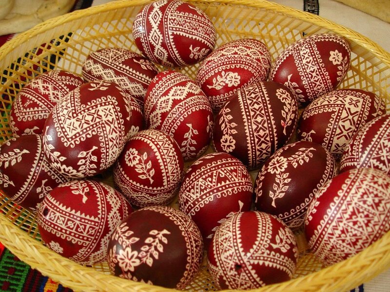 decorated easter eggs in basket