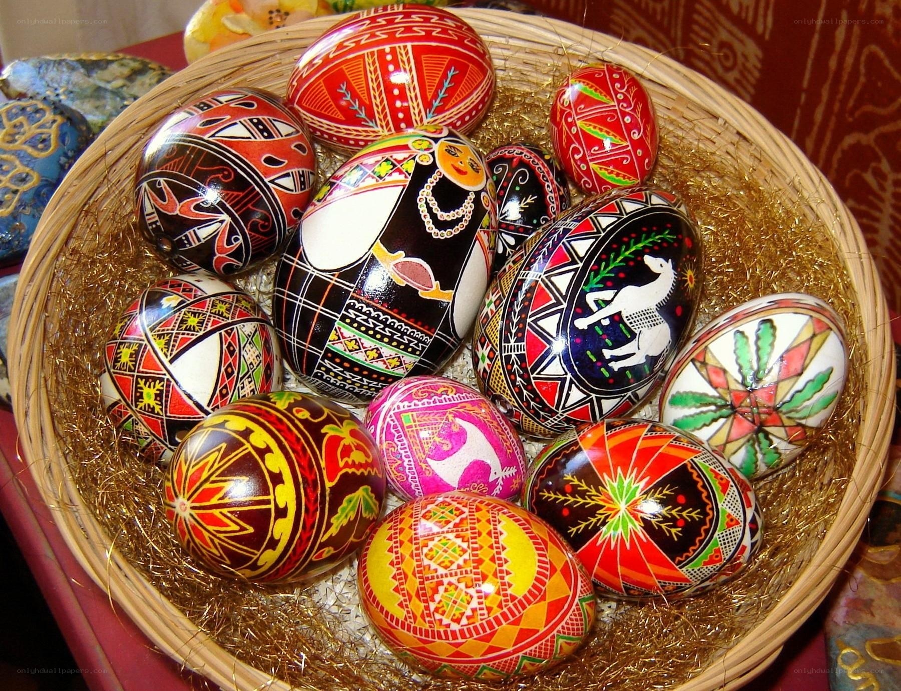 Decorated Easter eggs in basket