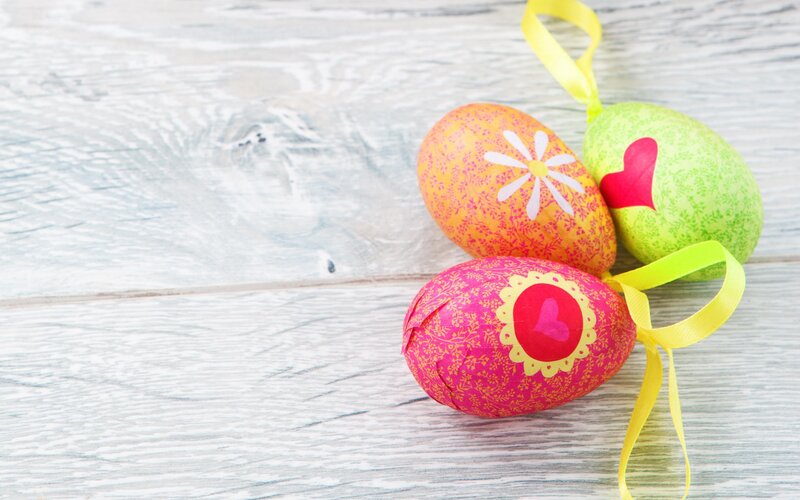Decorated Easter Eggs — Pink, Festive, Photograph, Ribbons, Wooden Surface