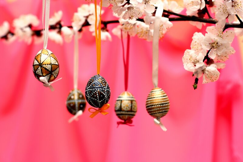 Decorated Easter Eggs — Pink, Festive, Spring, Photograph, Flowers, Ribbons, Branch