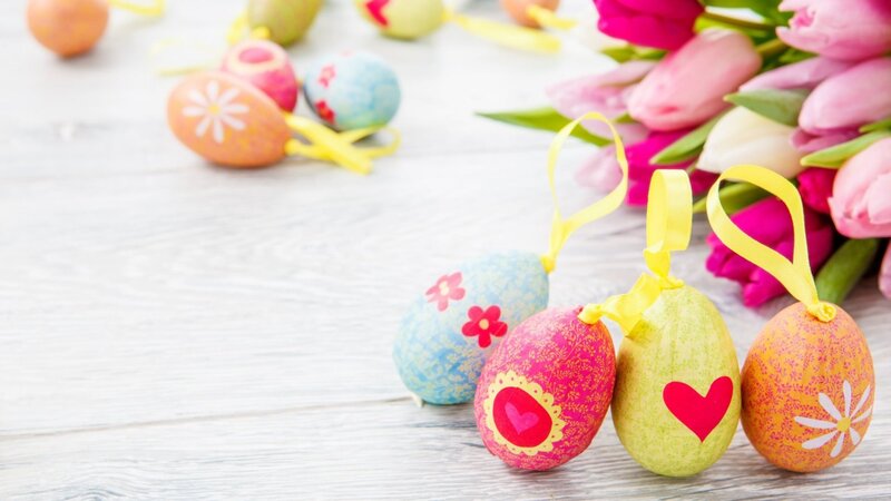 Decorated Easter Eggs — Pink, Festive, Spring, Photograph, Tulips, Ribbons