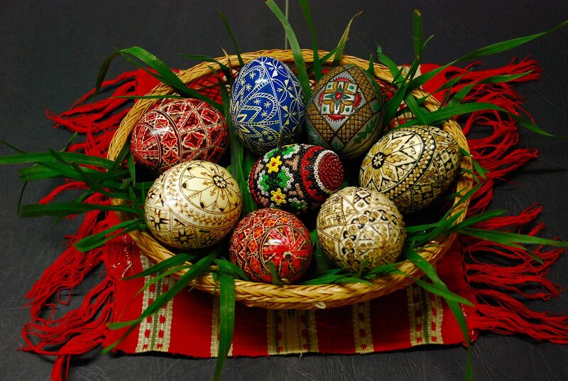 Decorated Easter Eggs — Red, Festive, Photograph, Basket, Grass