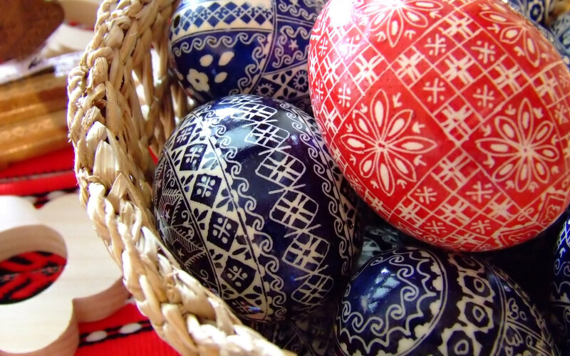 Decorated Easter Eggs — Red, Festive, Photograph, Basket, Wooden Object