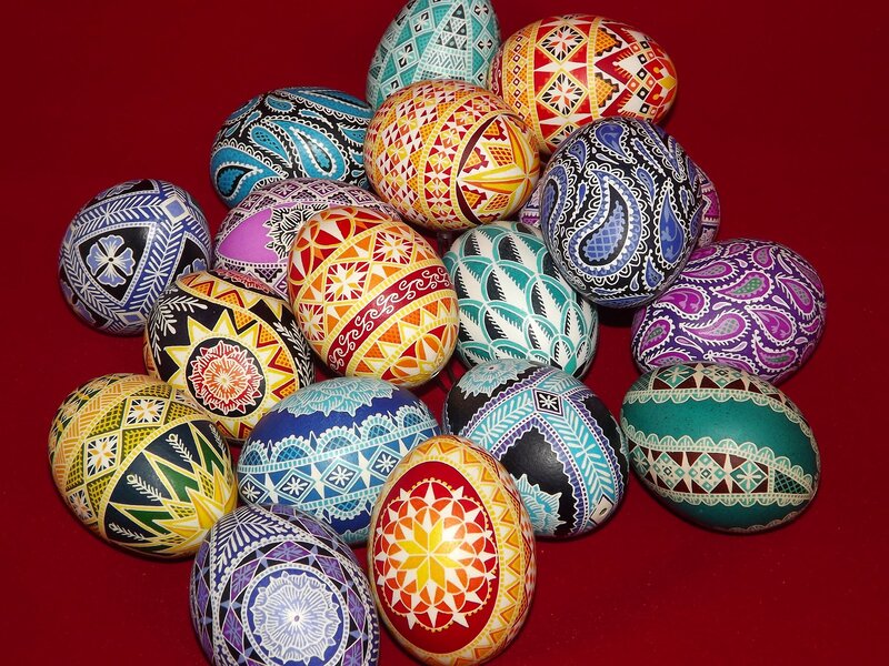 Decorated Easter Eggs — Red, Festive, Photograph, Red Background