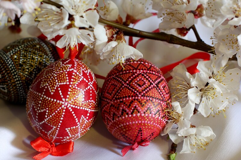 Decorated Easter Eggs — Red, Festive, Spring, Photograph, Flowers, Ribbons, Branches