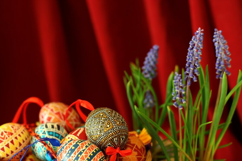 Decorated Easter Eggs — Red, Festive, Spring, Photograph, Flowers, Ribbons