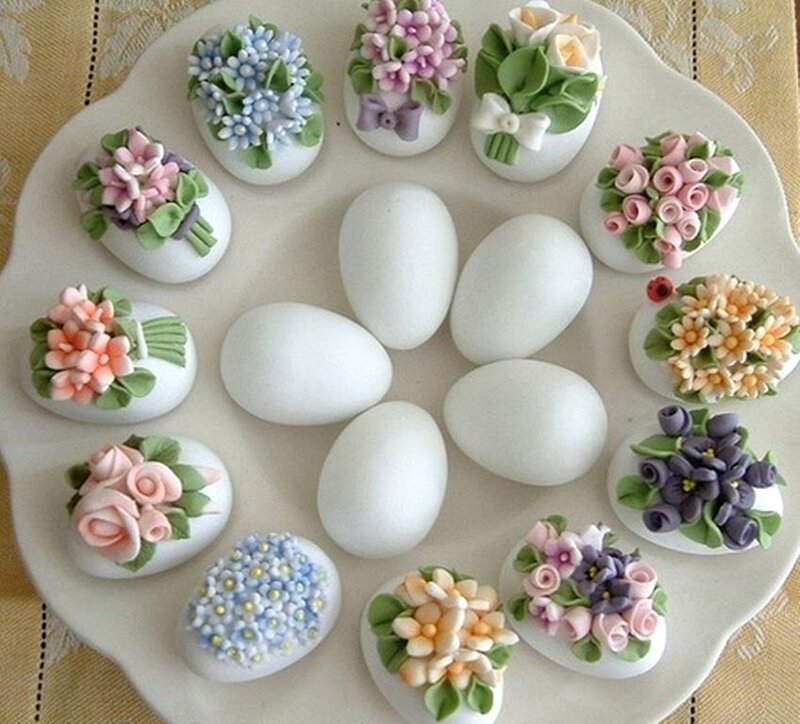 Decorated Easter Eggs — White, Festive, Photograph, Flowers