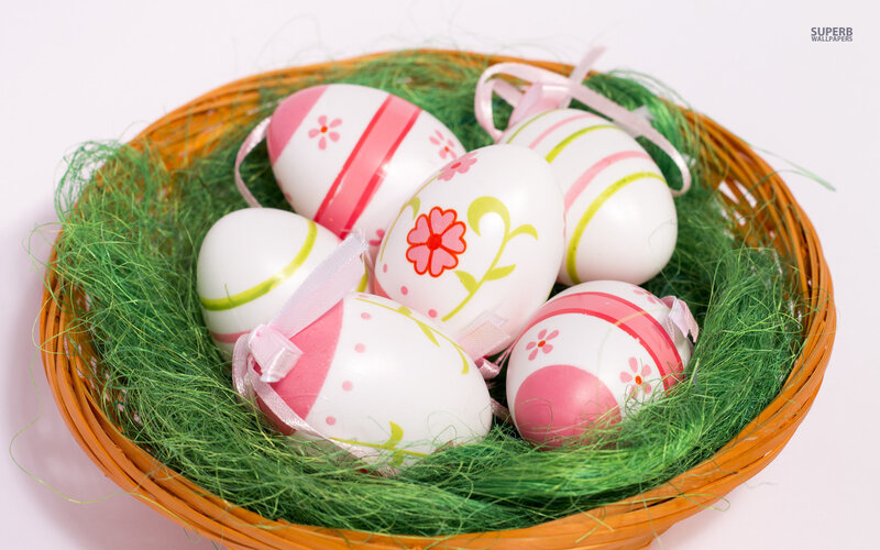 Decorated Easter Eggs — White, Festive, Spring, Photograph, Basket, Grass