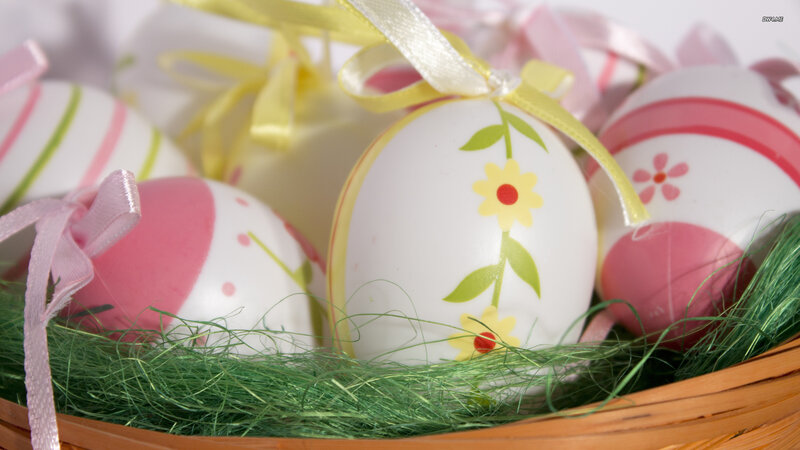 Decorated Easter Eggs — White, Festive, Spring, Photograph, Basket, Ribbons, Grass