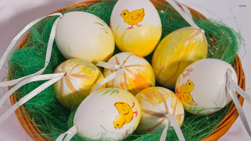 Decorated Easter Eggs — White, Festive, Spring, Photograph, Basket, Ribbons