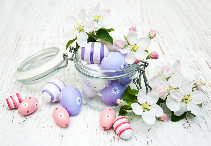 Decorated Easter Eggs — White, Serene, Spring, Photograph, Flowers