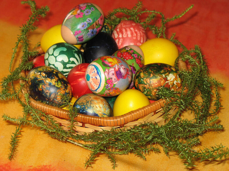 Decorated Easter Eggs — Yellow, Festive, Photograph, Basket, Greenery