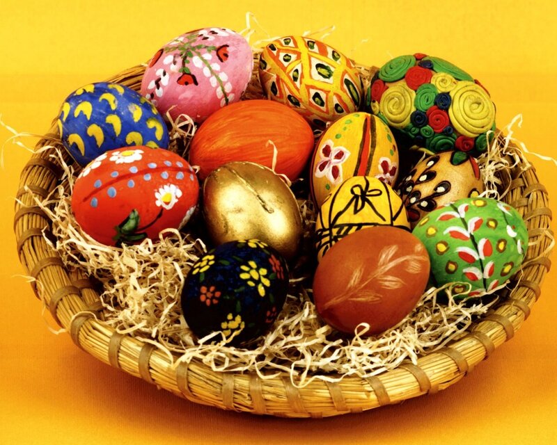 Decorated Easter Eggs — Yellow, Festive, Photograph, Basket, Straw, Colorful