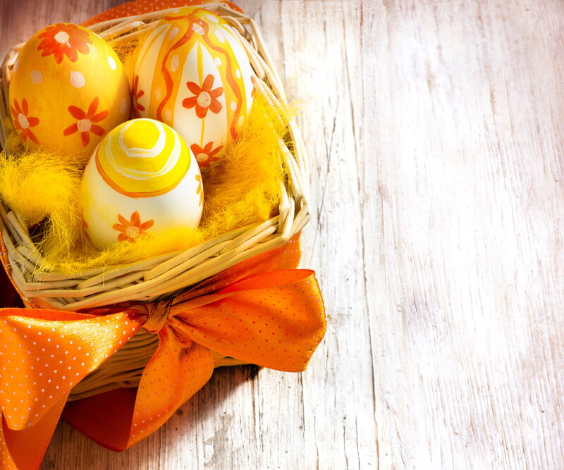 Decorated Easter Eggs — Yellow, Festive, Spring, Photograph, Basket, Feathers