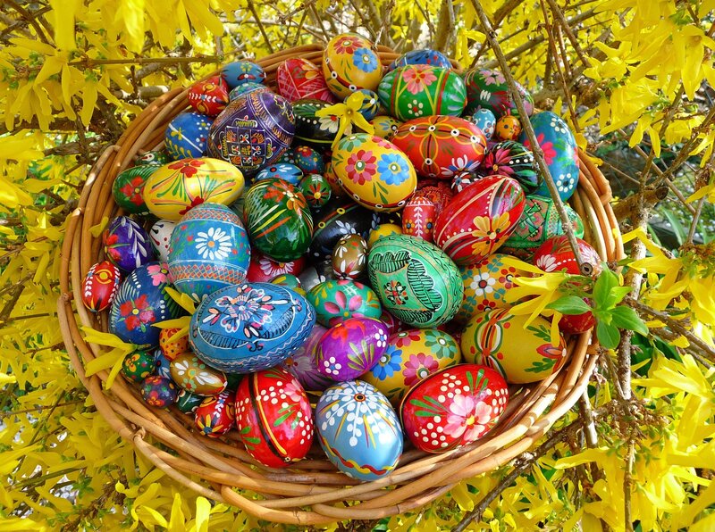 Decorated Easter Eggs — Yellow, Festive, Spring, Photograph, Basket, Flowers