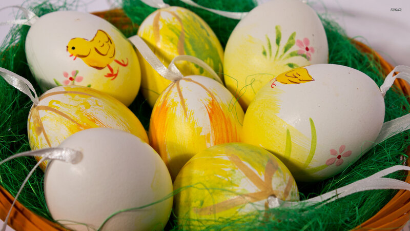 Decorated Easter Eggs — Yellow, Festive, Spring, Photograph, Basket, Grass