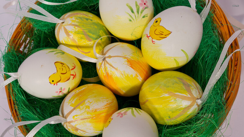 Decorated Easter Eggs — Yellow, Festive, Spring, Photograph, Basket, Green Grass