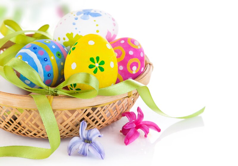 Decorated Easter Eggs — Yellow, Festive, Spring, Photograph, Basket, Ribbon