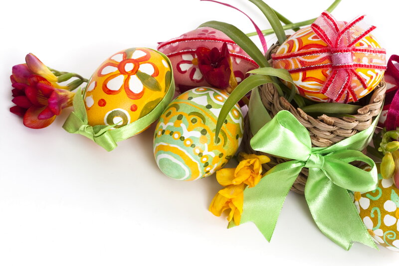 Decorated Easter Eggs — Yellow, Festive, Spring, Photograph, Flowers, Basket