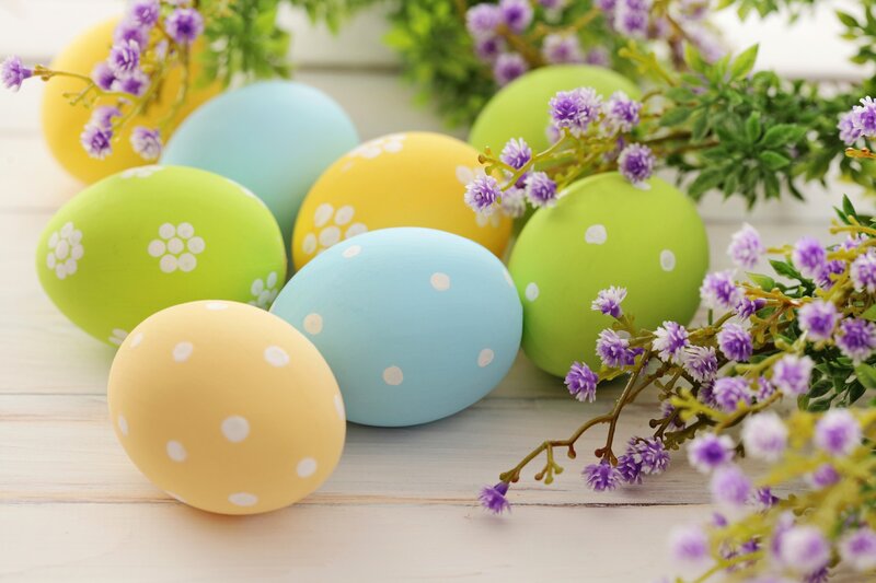 Decorated Easter Eggs — Yellow, Festive, Spring, Photograph, Flowers, Wooden Surface