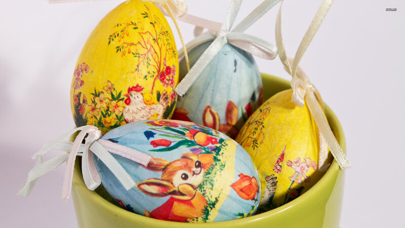 Decorated Easter Eggs — Yellow, Festive, Spring, Photograph, Ribbons, Bowl