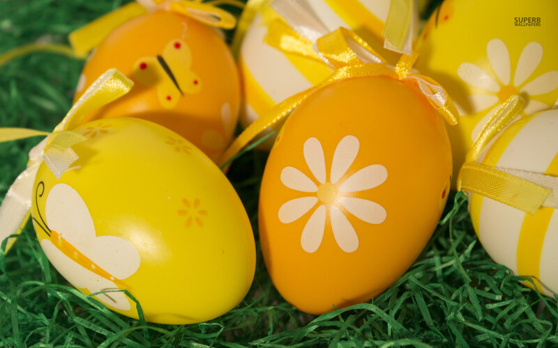 Decorated Easter Eggs — Yellow, Festive, Spring, Photograph, Ribbons, Grass, Flowers