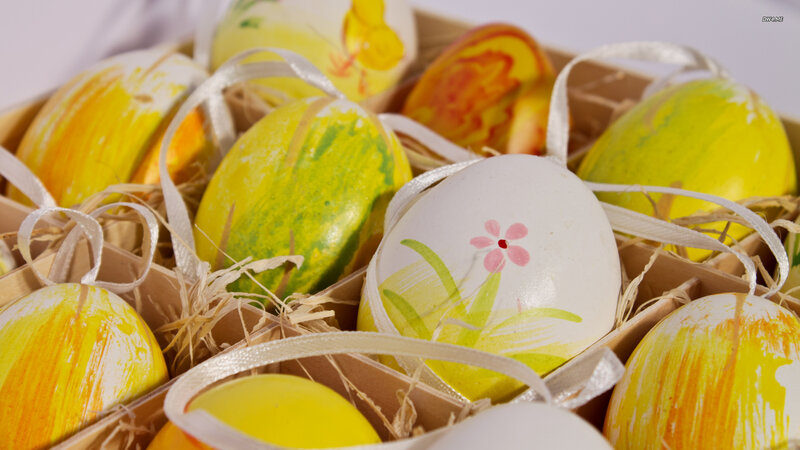 Decorated Easter Eggs — Yellow, Festive, Spring, Photograph, Straw, Ribbons, Box