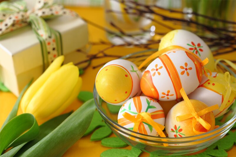 Decorated Easter Eggs — Yellow, Festive, Spring, Photograph, Tulips, Gift Box