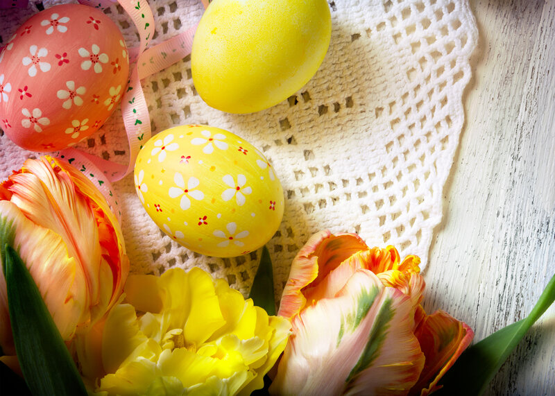 Decorated Easter Eggs — Yellow, Festive, Spring, Photograph, Tulips