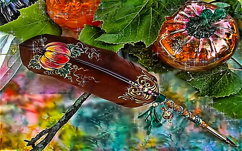 Decorated feather pen with pumpkins