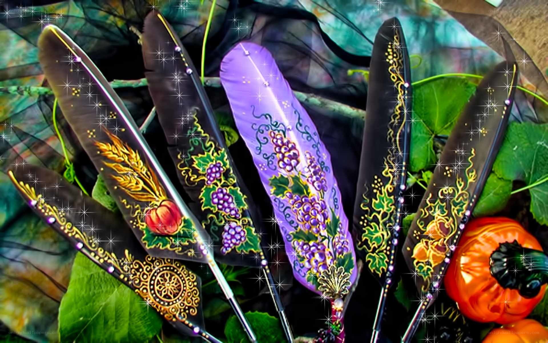 Decorated feathers with grapes and wheat