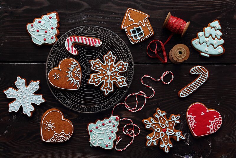 Decorated Gingerbread Cookies — Brown, Festive, Winter, Photograph, Christmas Trees