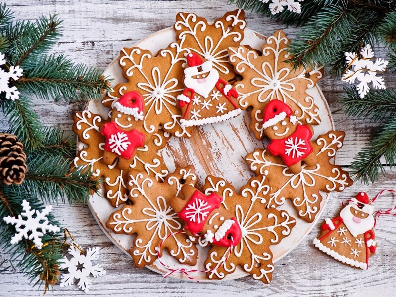 Decorated Gingerbread Cookies — Brown, Festive, Winter, Photograph, Pine Branches