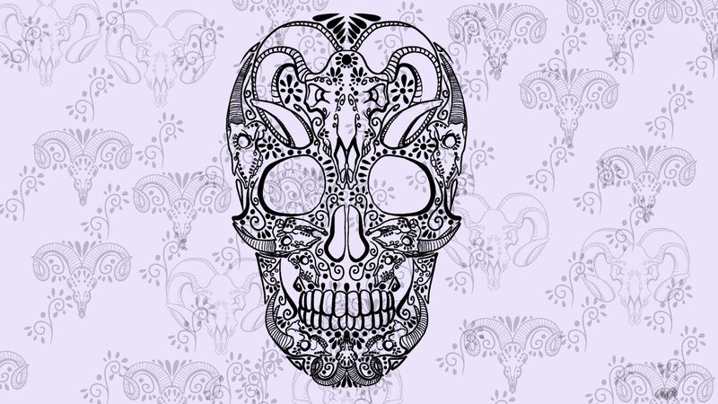 Decorated Skull with Ram Horns