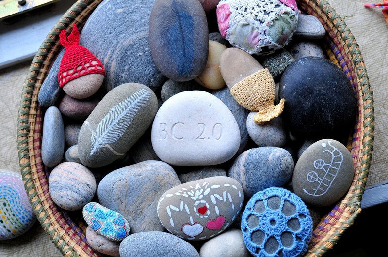 Decorated Stones in Basket — Gray, Calm, Photograph, Knitted Hats