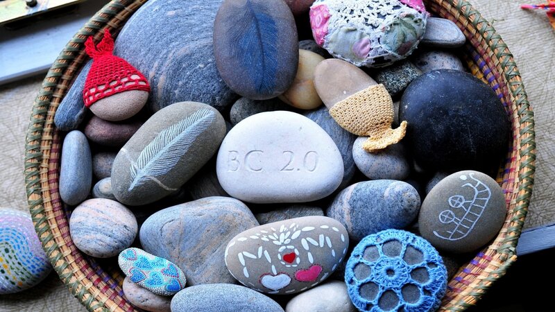 Decorated Stones in Basket — Gray
