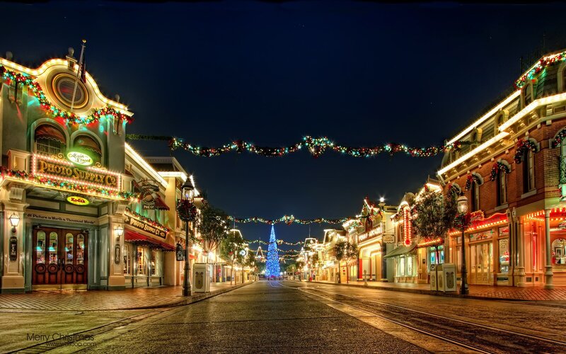 Decorated Street at Night — Blue, Festive, Photograph, Christmas Tree, Lights