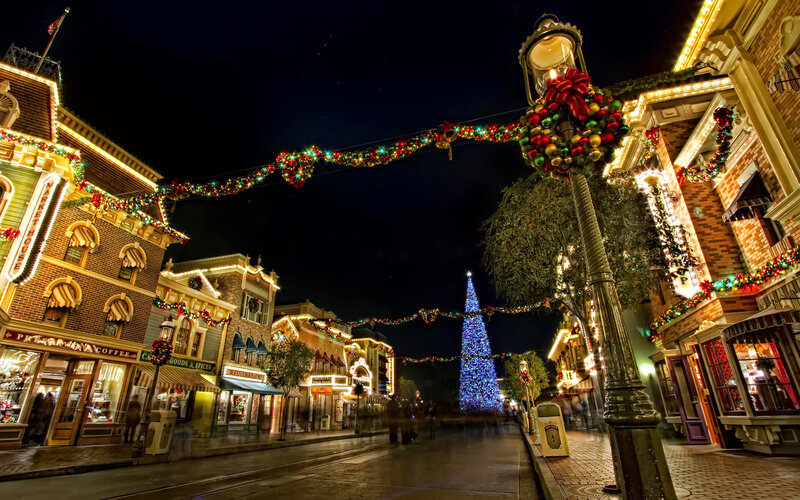 Decorated Street at Night — Blue, Festive, Photograph, Christmas Tree