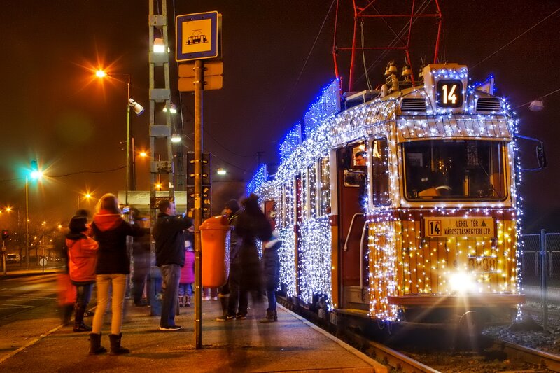 Decorated Tram at Night