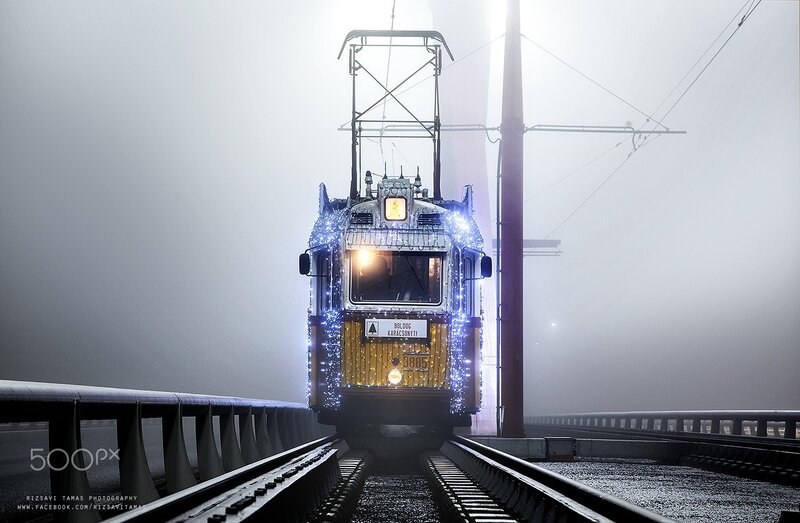 Decorated Tram on Bridge